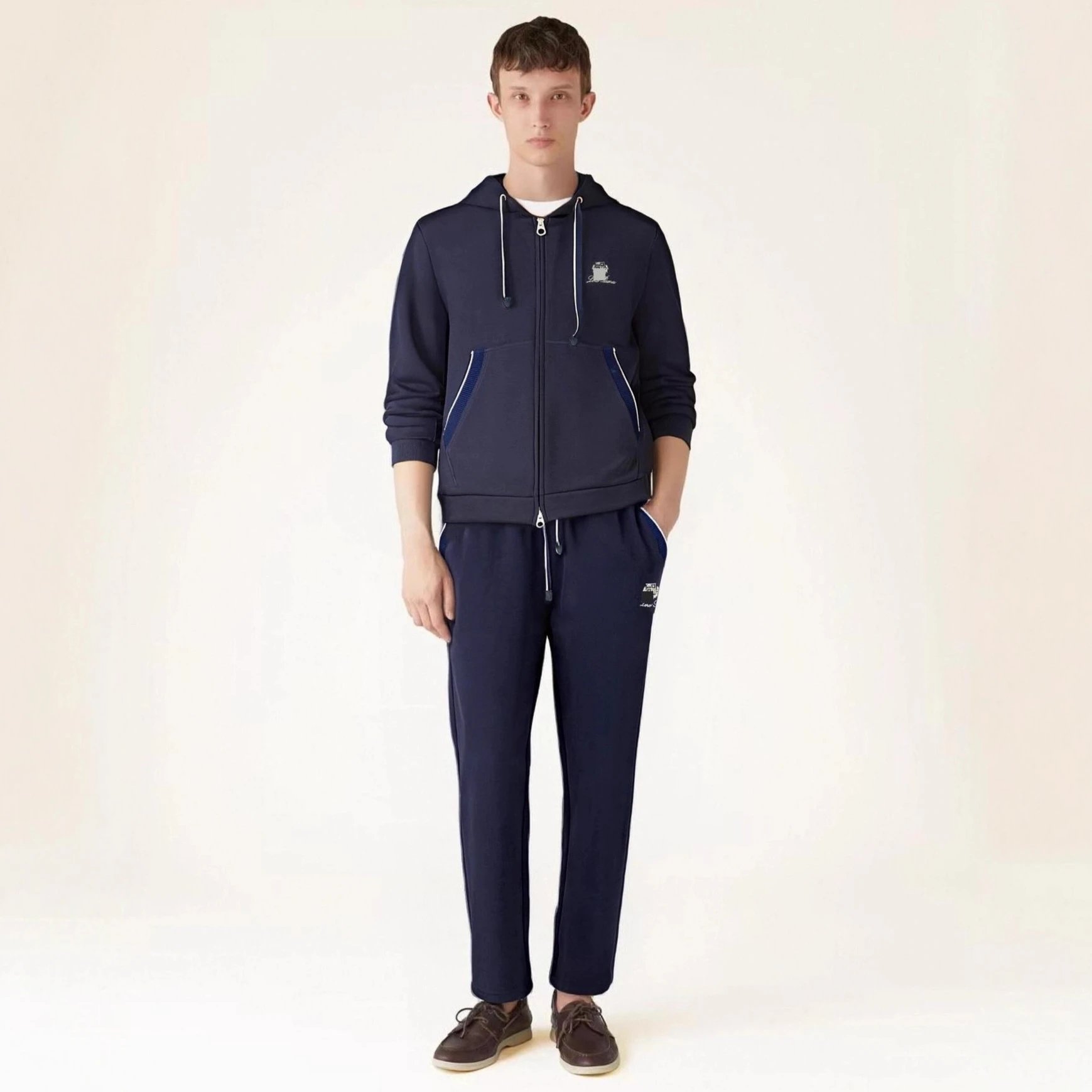 Navy Blue Zip-Up Hoodie and Pants Set - 134192
