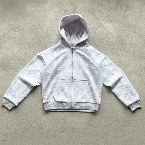 Design Waffle-Knit Zip-Up Hoodie Gray - 1