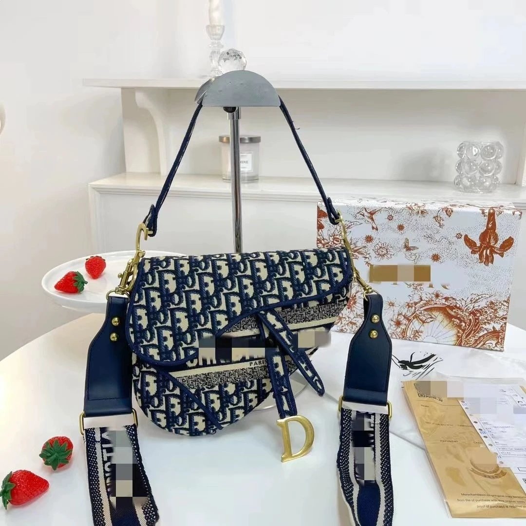 Dior Crossbody Bags Saddle Bag with D Charm — Blue canvas saddle