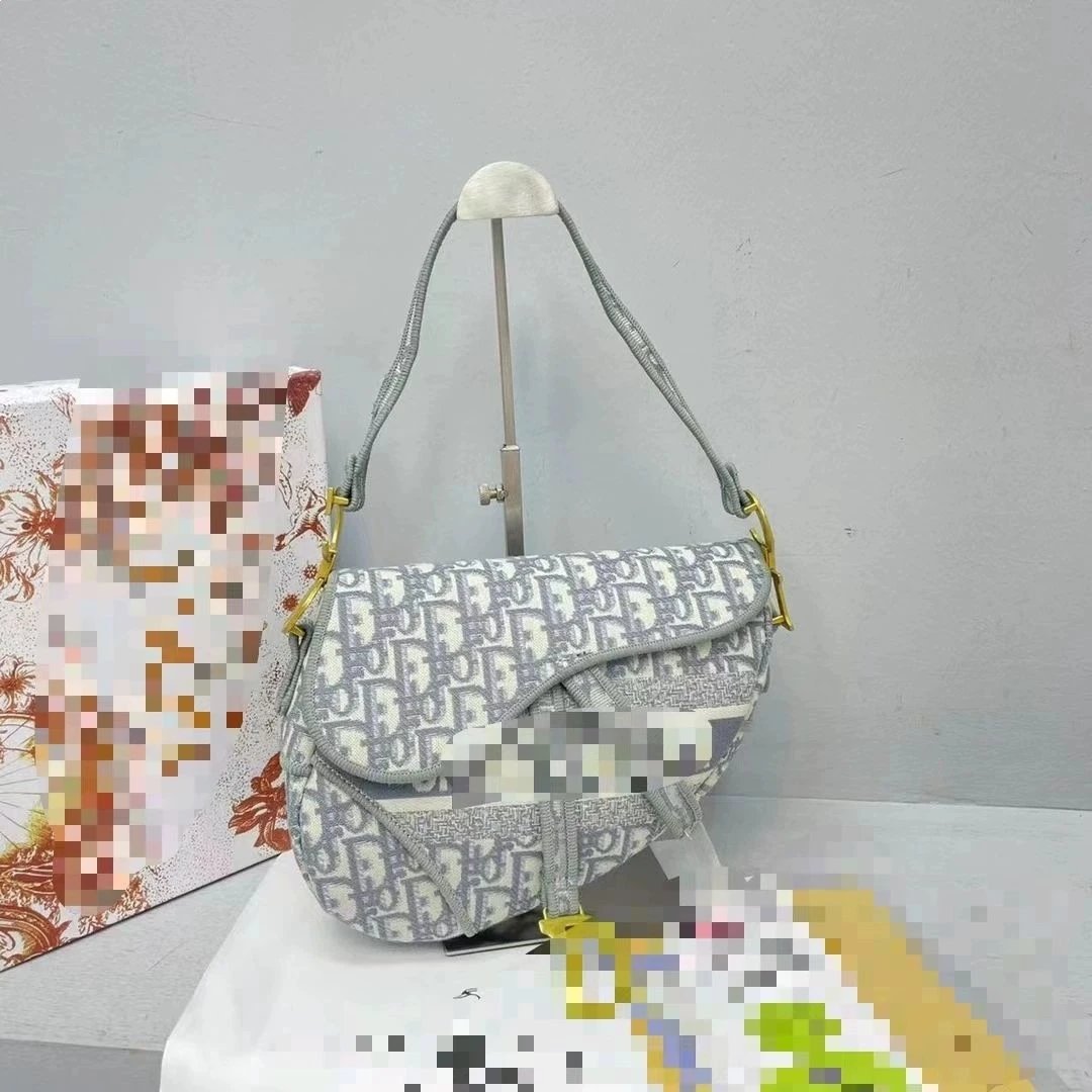 Dior Crossbody Bags Saddle Bag with D Charm — Gray canvas saddle