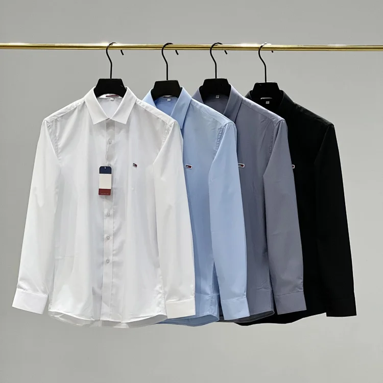 海外渠道、法国棉、80支双股纱线：TOMMY 汤米男士商务休闲纯色长袖衬衫