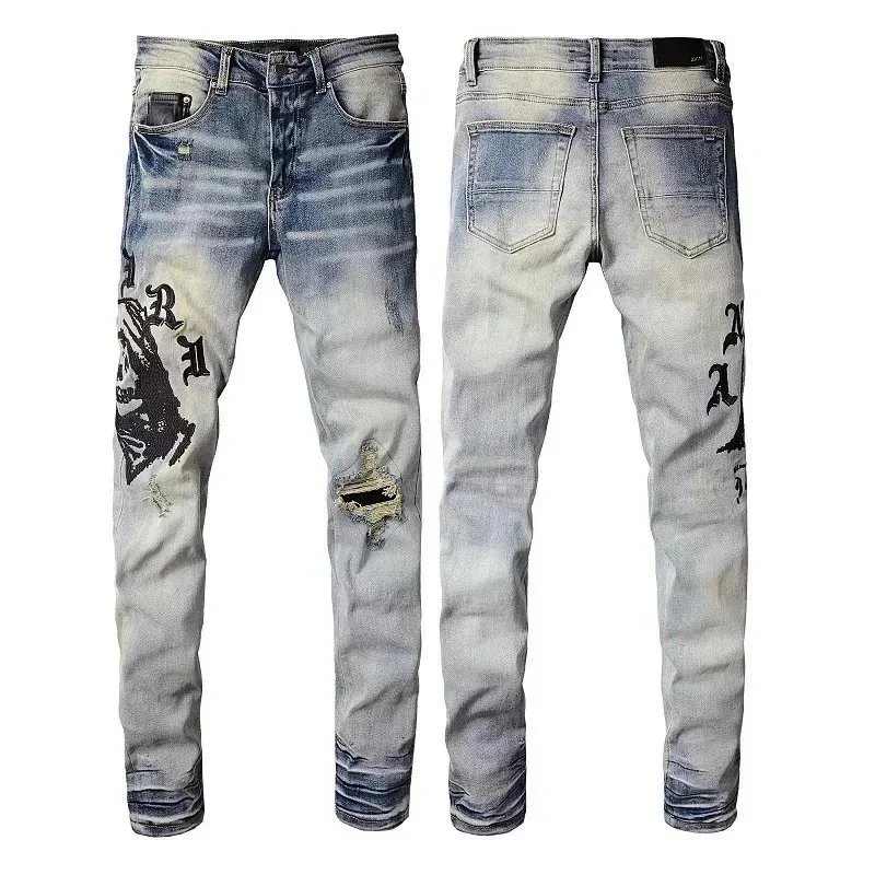 Amiri Distressed printed denim jeans — 22 Blue 002