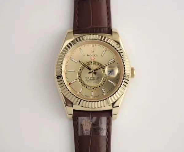 Rolex Sky-Dweller Gold Dial with Brown Leather Strap Mechanical Watch - 1