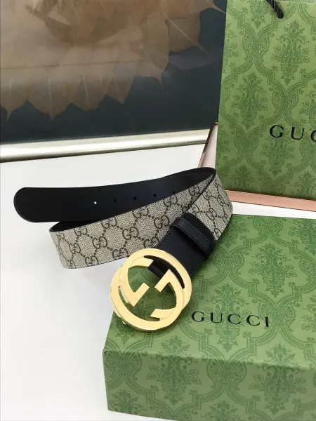 Gucci GG Marmont Canvas Belt Beige Black Gold Buckle Belt - 1