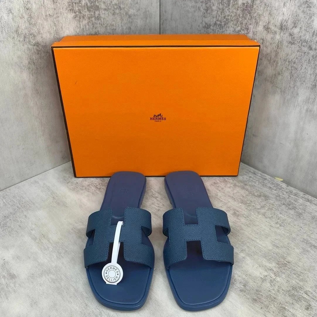 Hermès Oran Sandals Navy Blue Slippers - 1