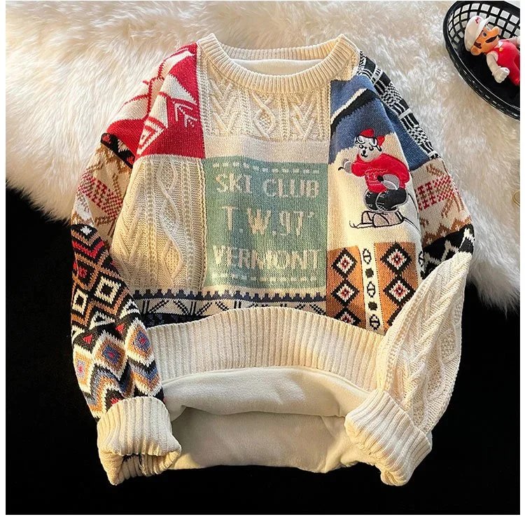 Vintage Ski Club Patchwork Knit Sweater Red Multicolor - 14