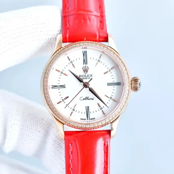 Rolex Cellini Time Red Leather Strap Mechanical Watch - 1