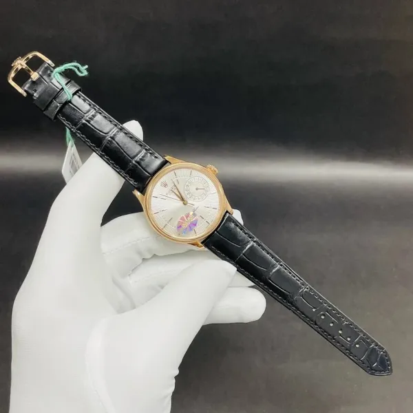 Rolex Cellini Time White Dial Gold Case Black Alligator Strap Mechanical Watch - 1