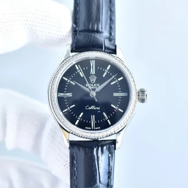 Rolex Cellini Time Black Dial Diamond Bezel Mechanical Watch - 1