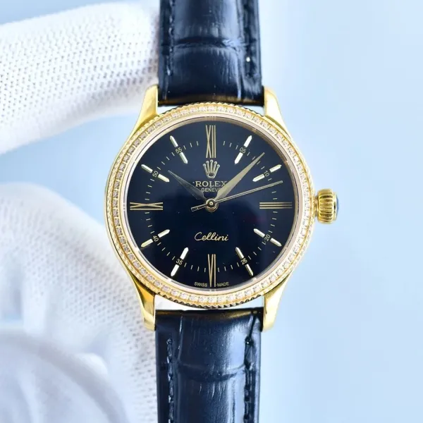Rolex Cellini Time Black Dial Gold Case Diamond Bezel Mechanical Watch - 1