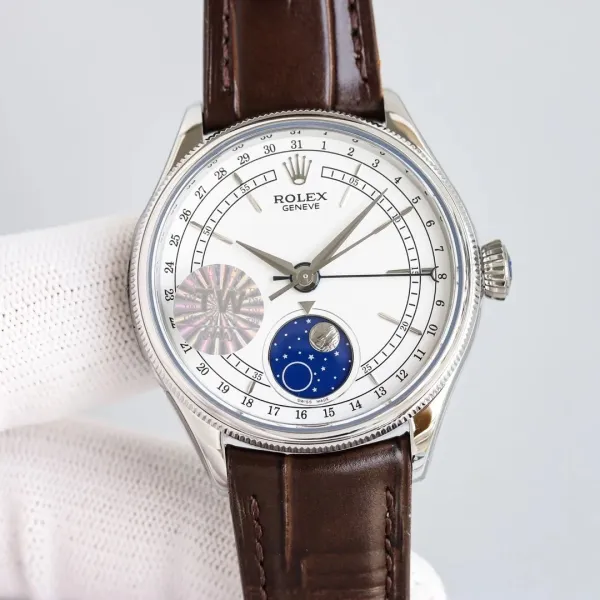 Rolex Cellini Moonphase White Dial Brown Leather Mechanical Watch - 1