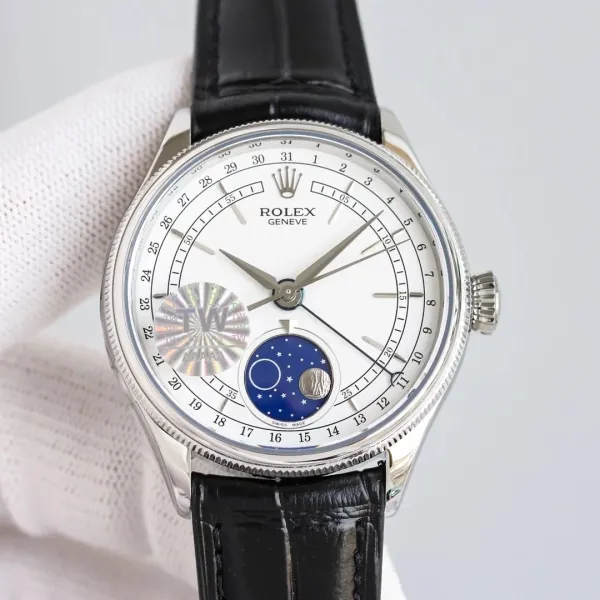 Rolex Cellini Moonphase White Dial Silver Case Black Leather Watch - 1