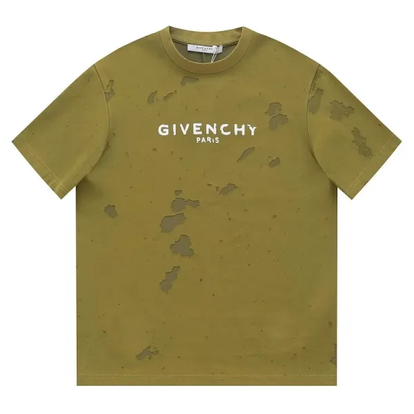Givenchy Distressed Logo Print Olive Green T-Shirt - 1