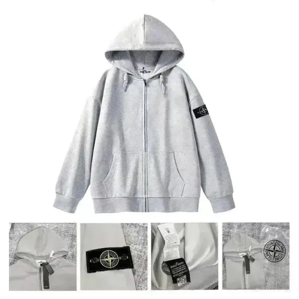 Stone Island Compass Logo Zip-Up Hoodie Gray - 1