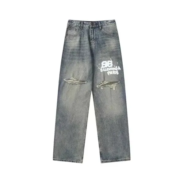 Balenciaga Distressed Logo Print Wide-Leg Jeans - 1