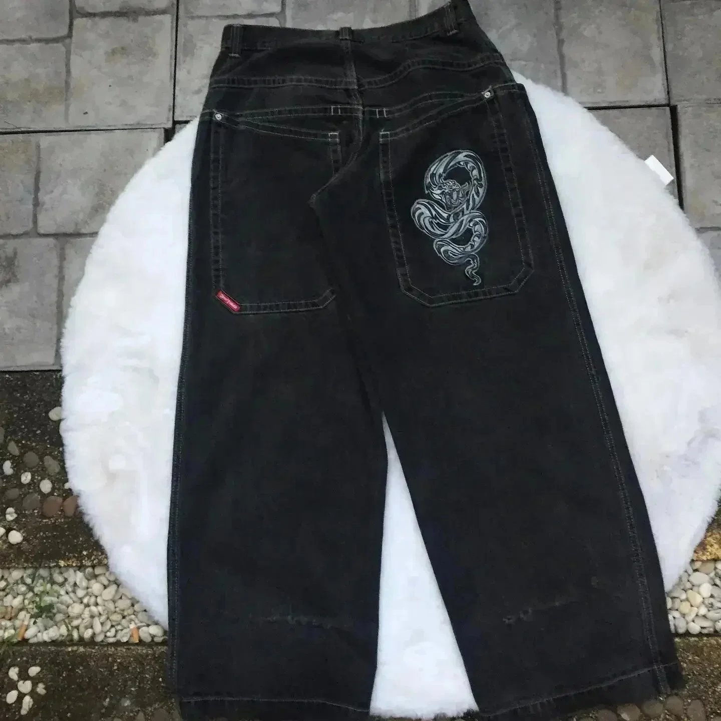 Supreme Snake Embroidery Black Wide-Leg Jeans