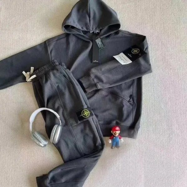Stone Island Ribbed Hoodie and Sweatpants Set Charcoal Gray Tracksuit - 1