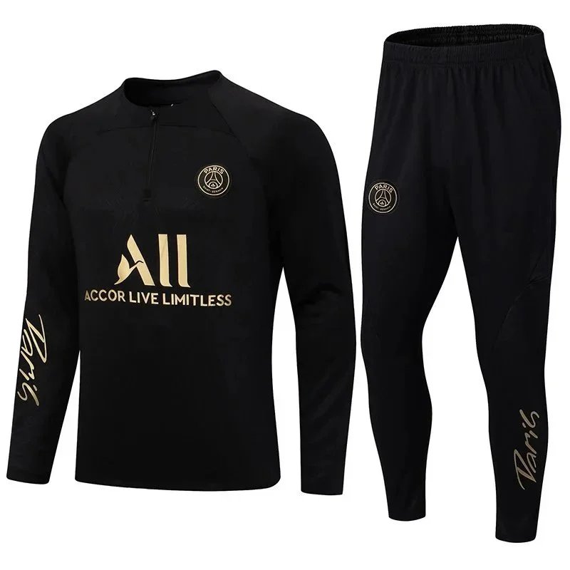 Paris Saint-Germain Tracksuits Long-Sleeve Half-Zip Football Training Set — Black, ALL on the chest