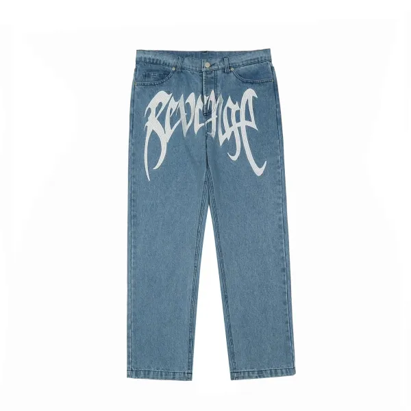 Revenge X Storm Embroidered Gothic Script Jeans Blue - 1