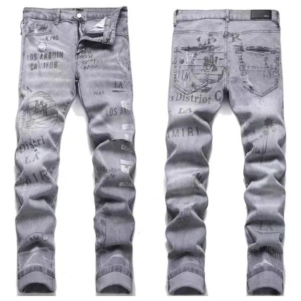 Amiri Graffiti Print Distressed Slim Fit Gray Jeans - 1