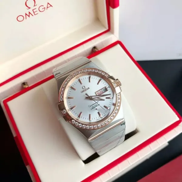 Omega Constellation Co-Axial Chronometer White Dial Rose Gold and Steel Diamond Bezel Mechanical Watch - 1