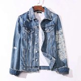 ShenFeng Distressed Denim Jacket with Graphic Sleeve Print