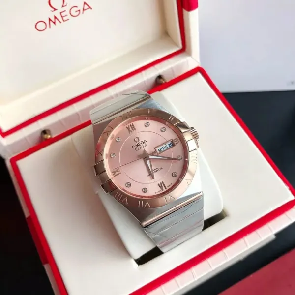 Omega Constellation Manhattan Pink Dial Diamond Hour Markers Stainless Steel and Rose Gold Watch - 1
