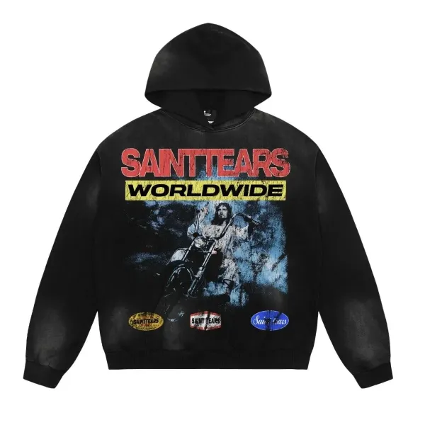 Saint Tears Worldwide Distressed Graphic Hoodie Black - 1