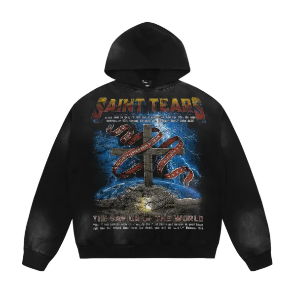 Saint Tears The Savior of the World Black Acid Wash Hoodie - 1