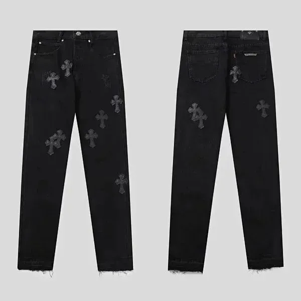 Chrome Hearts Cross Embroidered Black Distressed Jeans - 1