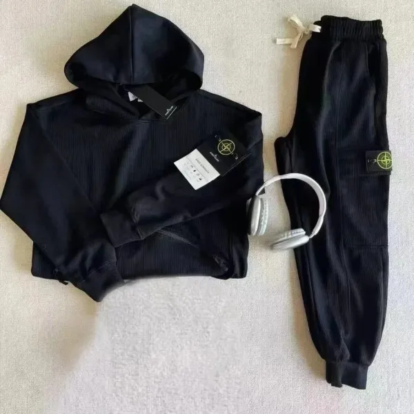 Stone Island Ribbed Hoodie and Cargo Sweatpants Set Black - 1