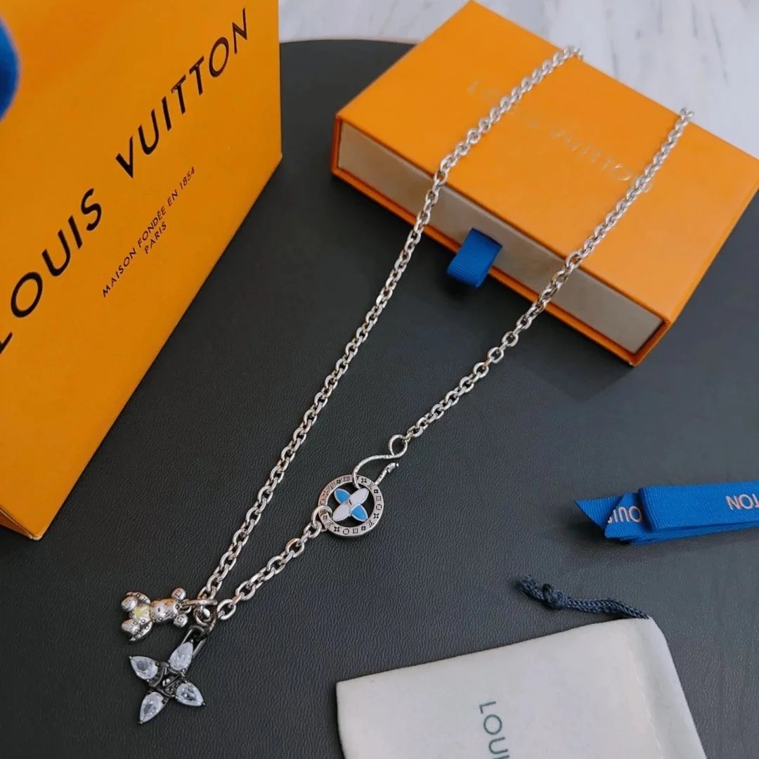 Louis Vuitton Monogram Flower & Bear Charm Necklace Silver