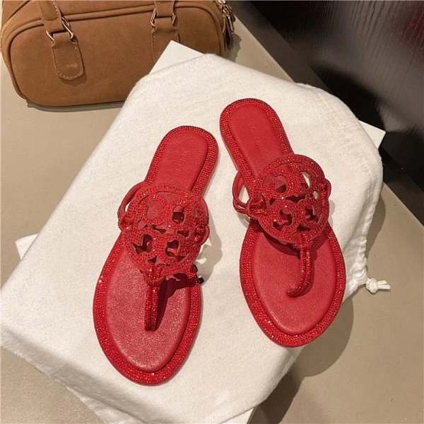 Tory Burch Miller Crystal-Embellished Red Thong Sandals Slippers product listing in Litbuy spreadsheet finds