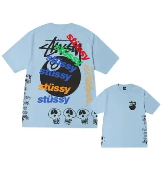 Stüssy Multi-Logo Skull Print Light Blue T-Shirt - 1