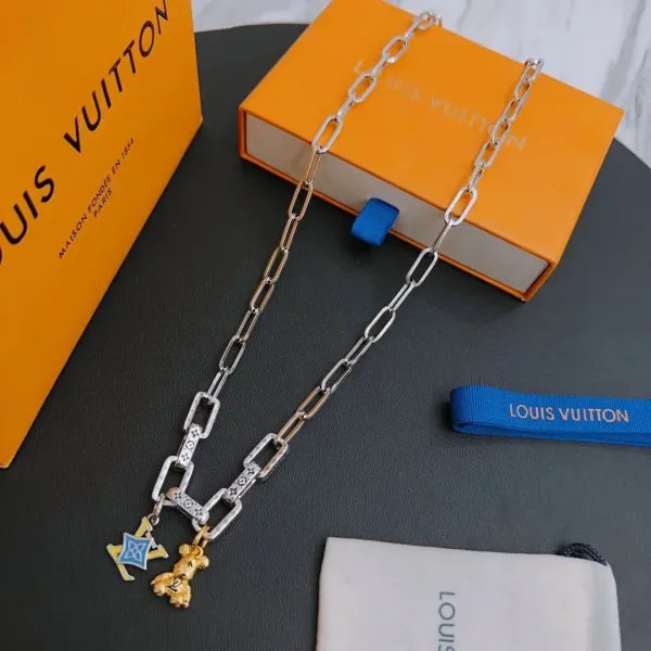 Louis Vuitton Chain Necklace with Teddy Bear and LV Monogram Charms Silver Gold Blue Necklaces - 1