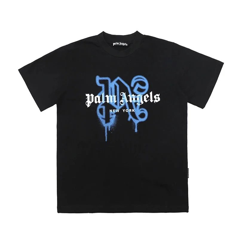 Palm Angels T-Shirts Short-sleeve graphic logo T-shirt — 2273 Black with white lettering, blue