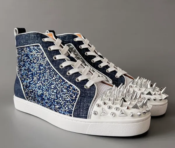 Christian Louboutin Louis Junior Spikes Denim Crystal Blue Sneakers - 1