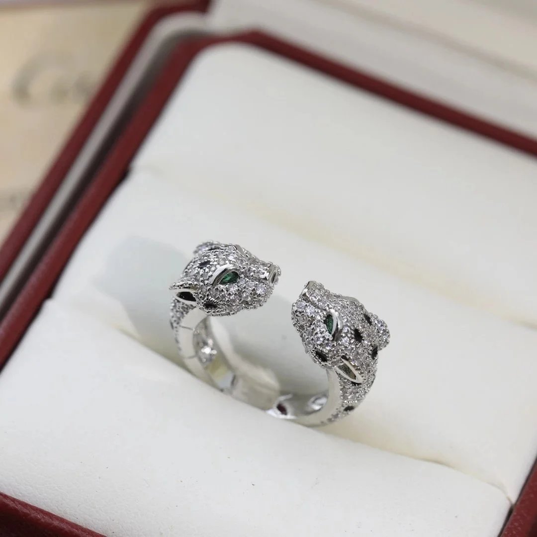 Cartier Panthère Double Head Ring Silver with Emerald Eyes and Pave Diamonds