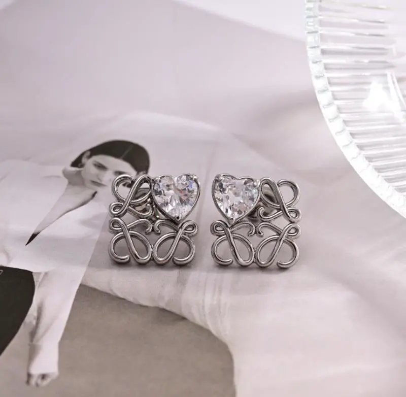 Loewe Anagram Heart Crystal Stud Earrings Silver - 1