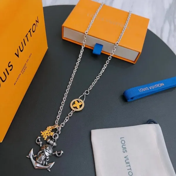 Louis Vuitton Anchor Skull Pendant Necklace Silver and Gold Tone Jewelry - 1