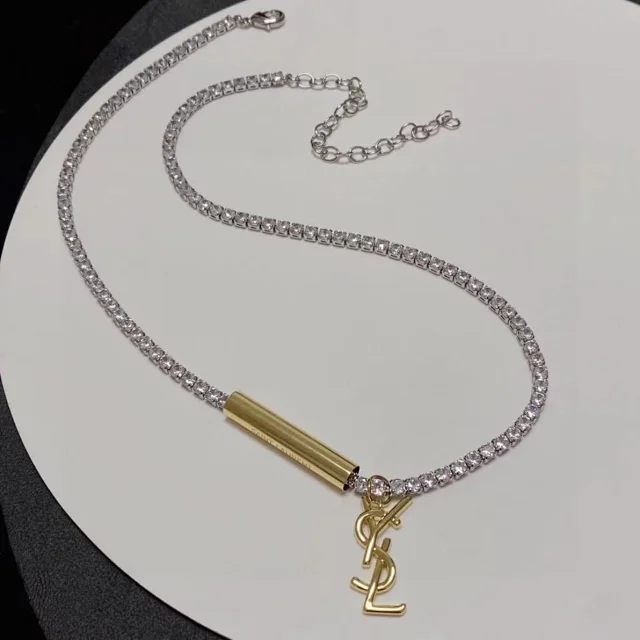 Saint Laurent Jewelry Crystal Chain Necklace with YSL Logo Pendant product detail image 4