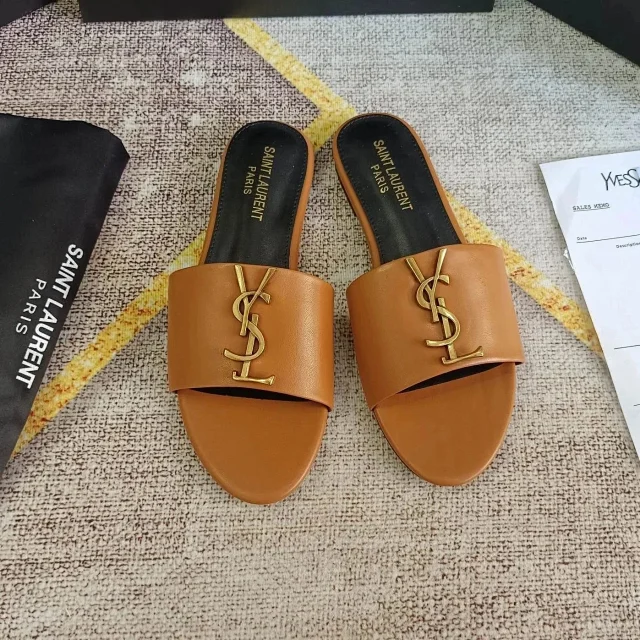 Saint Laurent Sandals Flat slide with gold YSL logo and wide strap product detail image 2