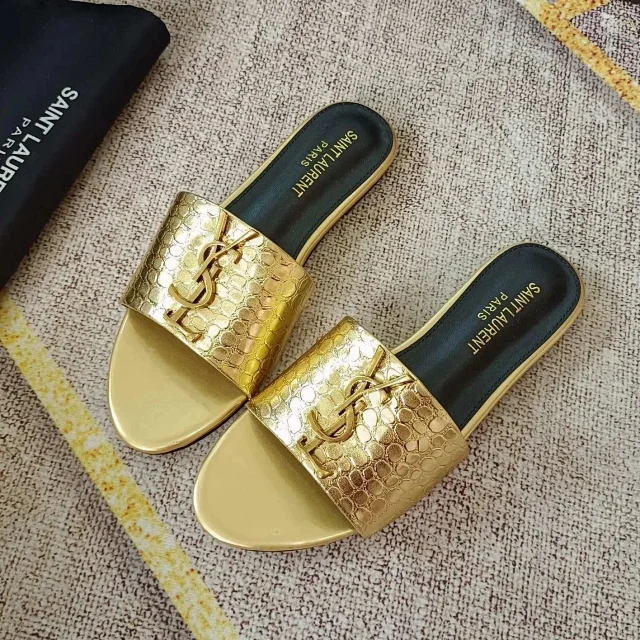Saint Laurent Sandals Flat slide with gold YSL logo and wide strap product detail image 10
