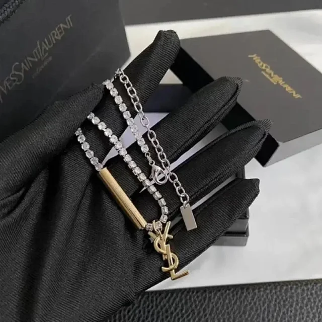 Saint Laurent Jewelry Crystal Chain Necklace with YSL Logo Pendant product detail image 3