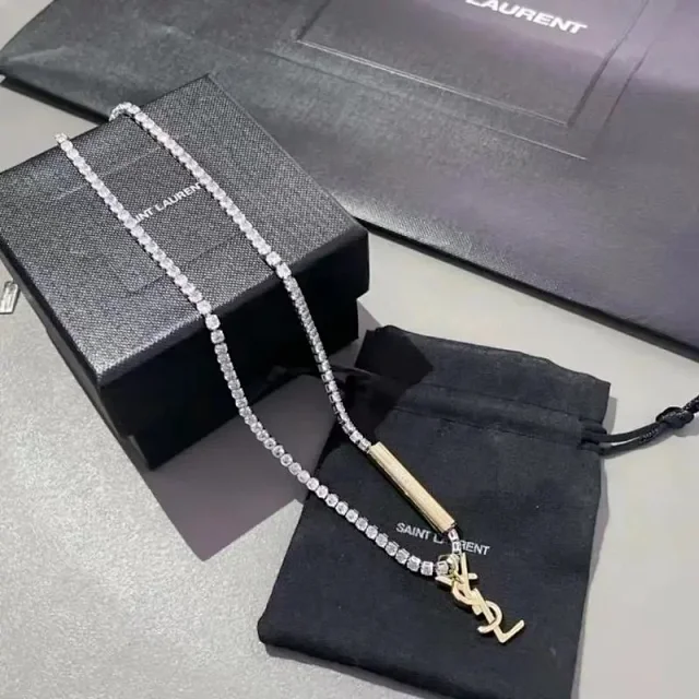 Saint Laurent Jewelry Crystal Chain Necklace with YSL Logo Pendant product detail image 6