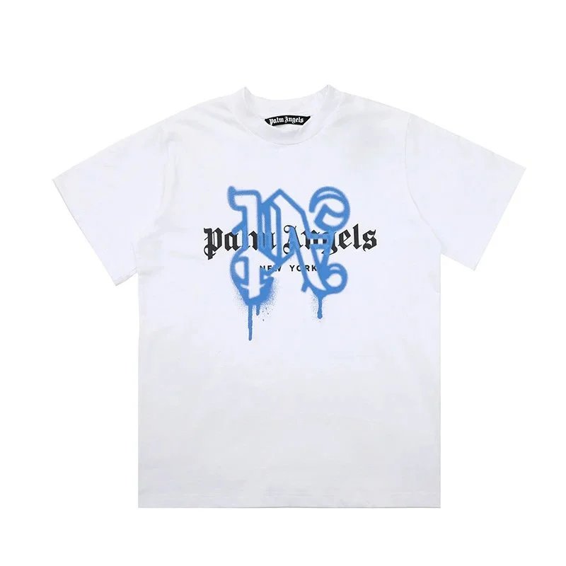 Palm Angels T-Shirts Short-sleeve graphic logo T-shirt — 2273 Black Lettering Blue