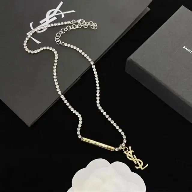 Saint Laurent Jewelry Crystal Chain Necklace with YSL Logo Pendant product detail image 1