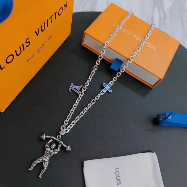 Louis Vuitton Weightlifter Pendant Necklace Silver with Blue Enamel - 1