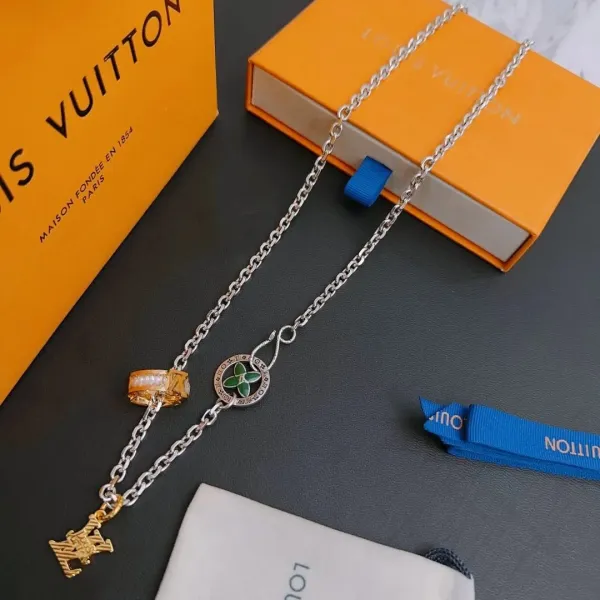 Louis Vuitton Monogram Flower Pendant Necklace Silver Gold Multicolor Necklace - 1