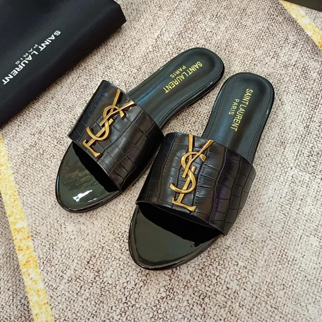 Saint Laurent Sandals Flat slide with gold YSL logo and wide strap product detail image 9